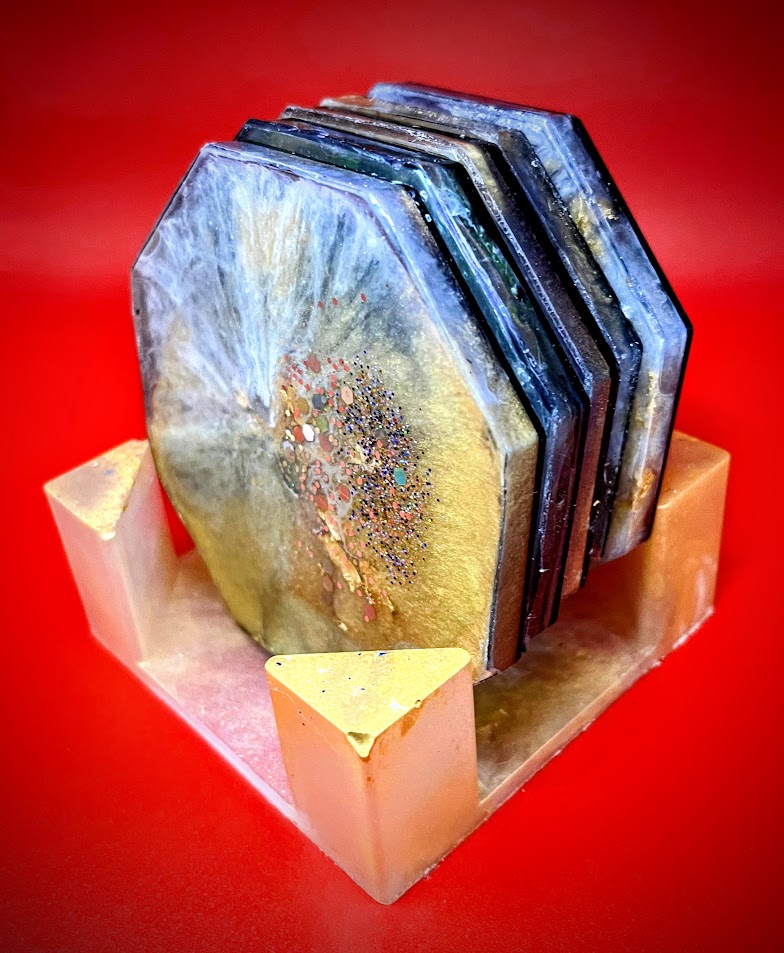 Resin art coasters: Black Hills Gold. Hexagonal.