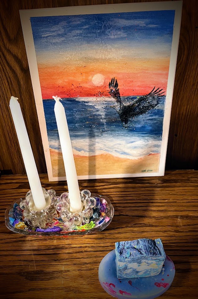 "Eagle Lake" Collection. An 11 x 14 acrylic and resin painting on canvas, 2 taper candles and holder, a soap dish, and soap art.