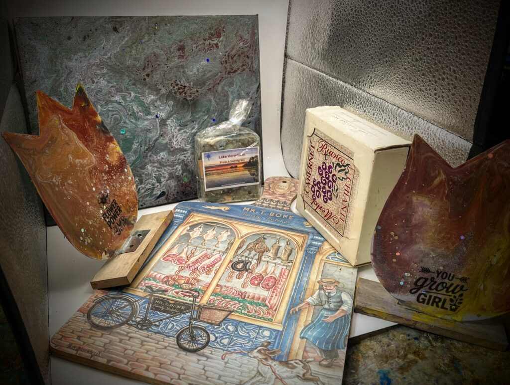 Lake Vermillion Collection: New & Vintage. Includes painting 8. 10, chartusserie board, coasters from Pier 1, 2 metal floral paintings.a
