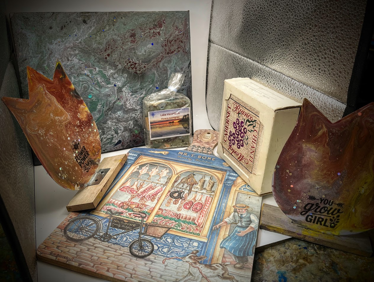 Lake Vermillion Collection: New & Vintage. Includes painting 8. 10, chartusserie board, coasters from Pier 1, 2 metal floral paintings.a