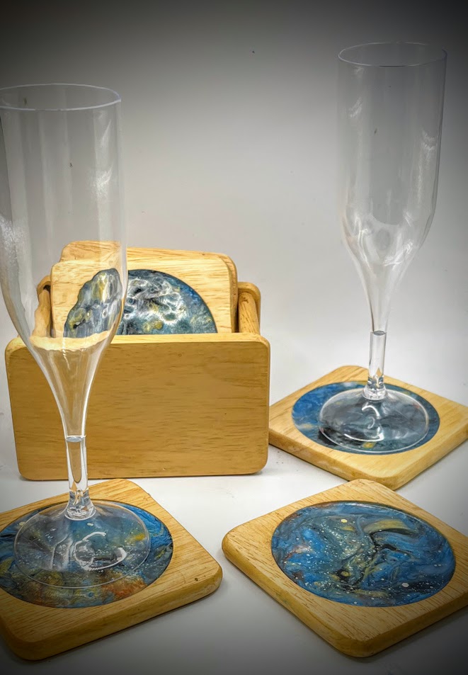 "Lake Superior" Coasters. 4 wood coasters with resin art crafted in Minnesota, USA.