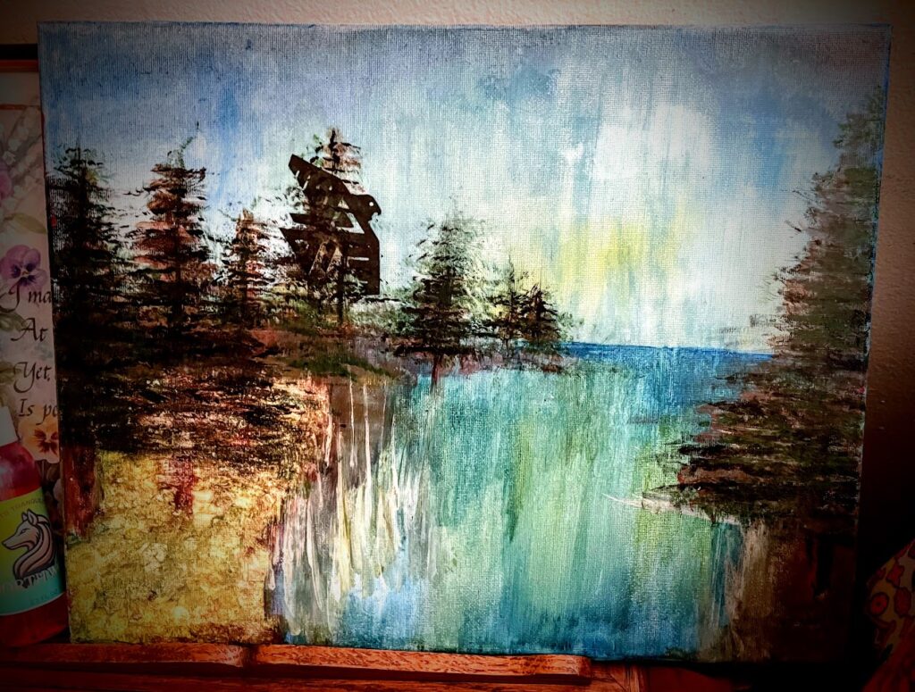 12 x 18 canvas painting with acrylics "Northern Lights on Leech Lake"