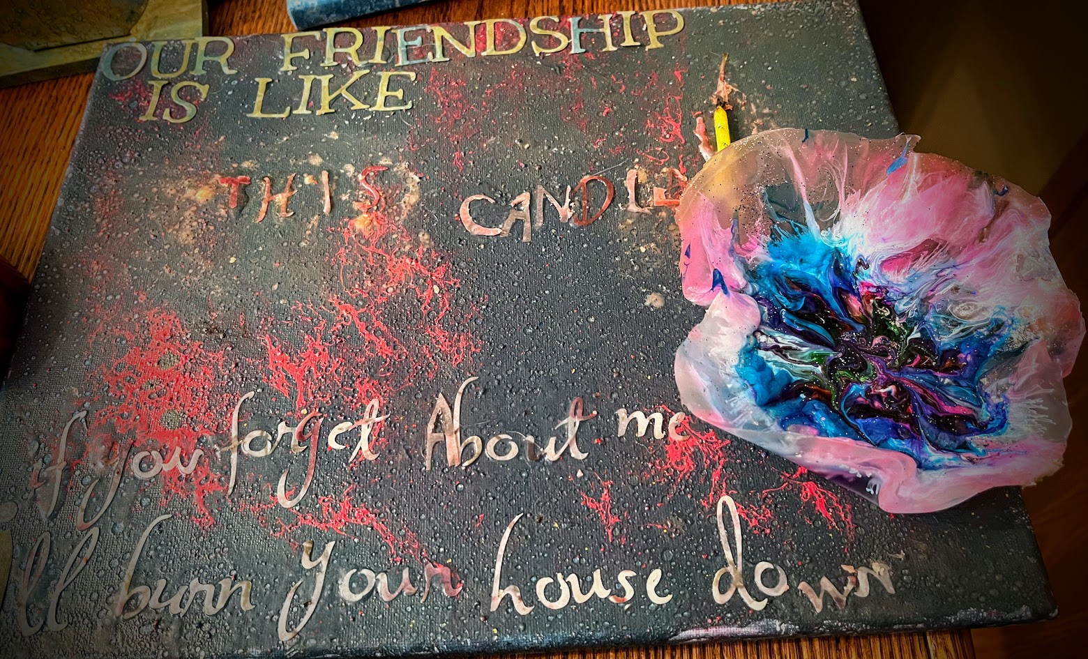 "Our Friendship" is an encaustic/acrylic painting on an 18 x 24 canvas, and is part of a set with this bowl pictured as well as coasters and soap art.a