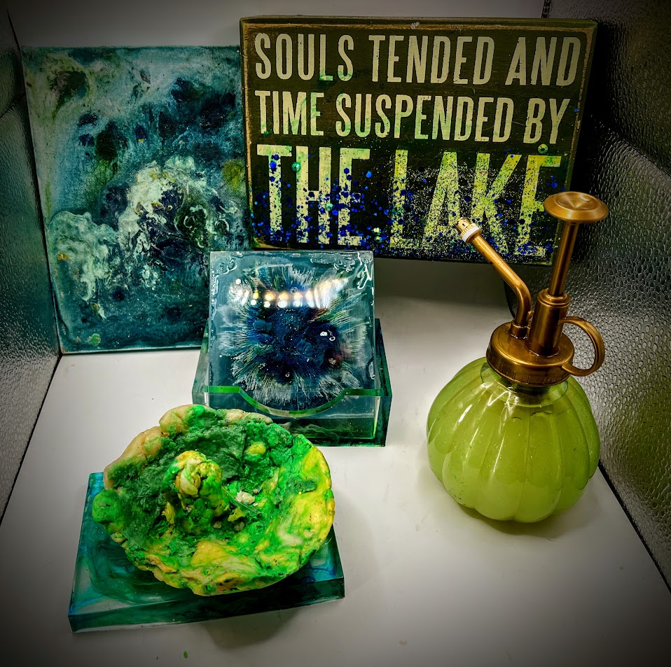 "souls suspended" collection 2 5 x7 paintings, a set of 5 coasters and a holder, room spray and glass container, soap dish, and mushroom shaped soap.