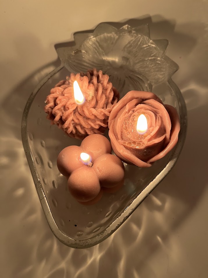Strawberry candle holder, glass, shown with the rose, rope, and bubble molded candles.