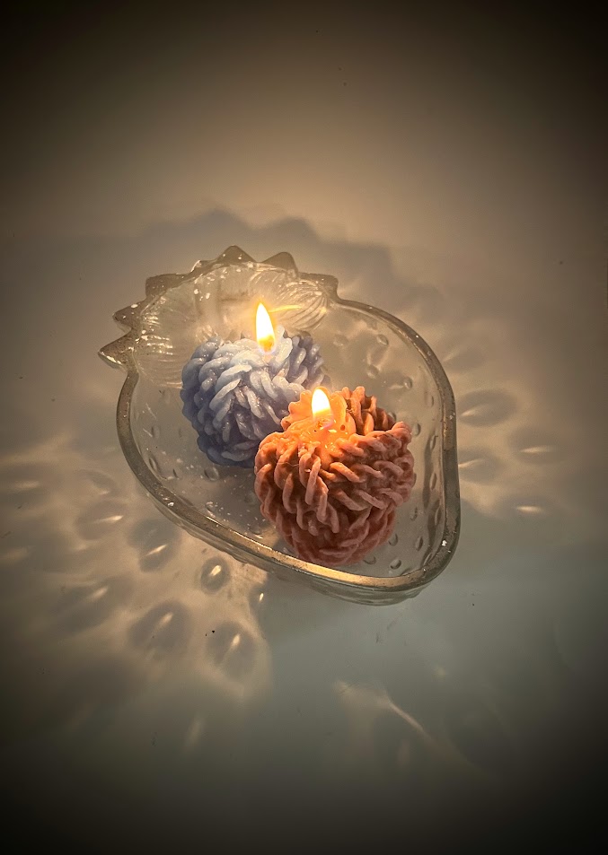 Strawberru glass dish for candles. Candless shown are handcrafted in beautiful scents by NWB.